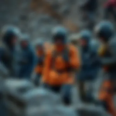 A group of explorers equipped with advanced gear, preparing to navigate a challenging terrain.