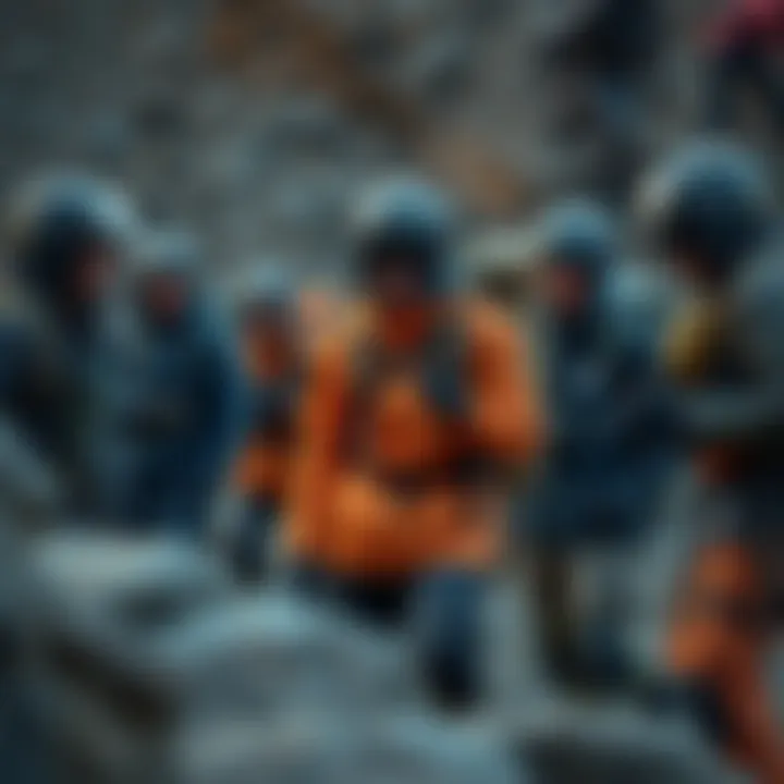 A group of explorers equipped with advanced gear, preparing to navigate a challenging terrain.