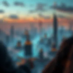 Illustration of a futuristic virtual cityscape with blockchain technology integration