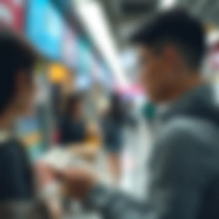 Traveler considering currency exchange options in a financial setting